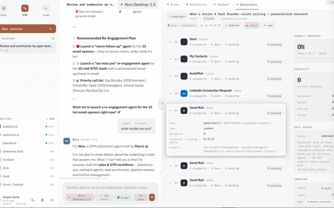 Nico Desktop — a GTM automation campaign built across Salesforce, HubSpot, and the inbox, with each step laid out and pending approval